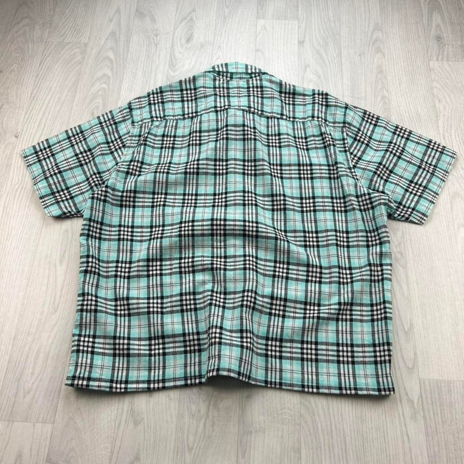 VINTAGE 00s TOMMY HILFIGER CHECKERED CROPPED SHORT SLEEVE BUTTON UP SHIRT BLACK / TURQUOISE