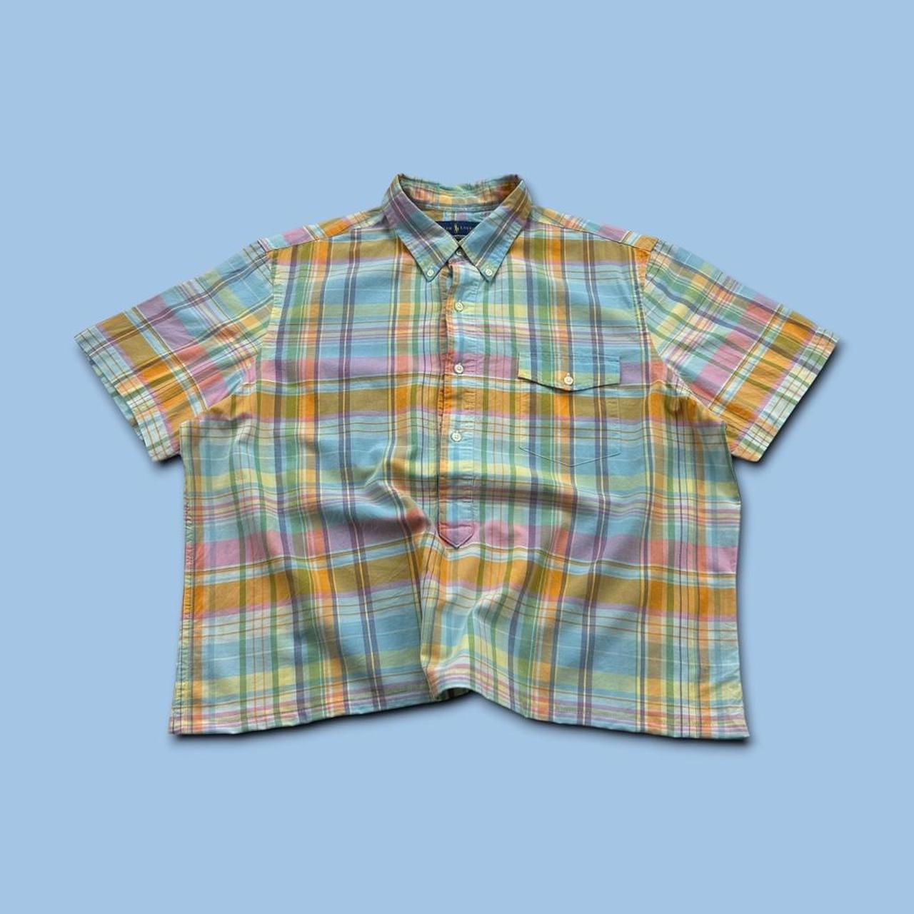 VINTAGE 00s RALPH LAUREN CHECKERED CROPPED SHORT SLEEVE BUTTON UP SHIRT BLUE