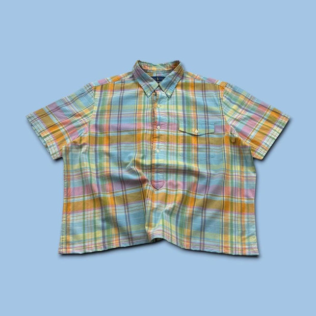 VINTAGE 00s RALPH LAUREN CHECKERED CROPPED SHORT SLEEVE BUTTON UP SHIRT BLUE