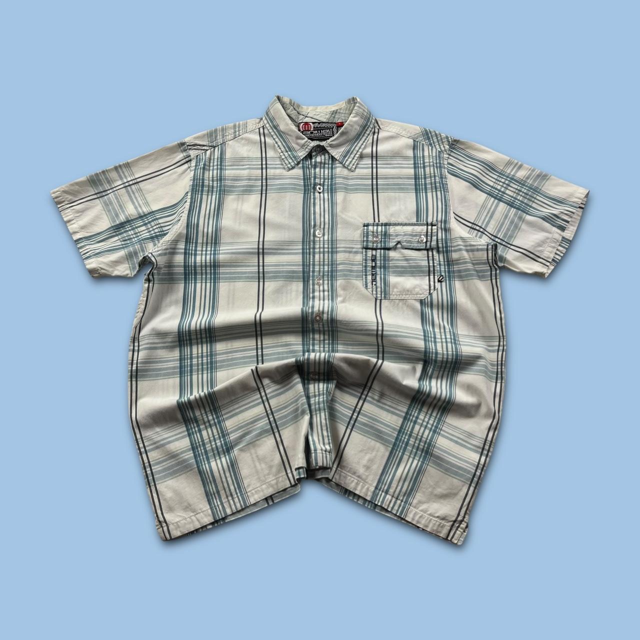 VINTAGE Y2K ANIMAL CHECKERED SHORT SLEEVE SHIRT WHITE BLUE