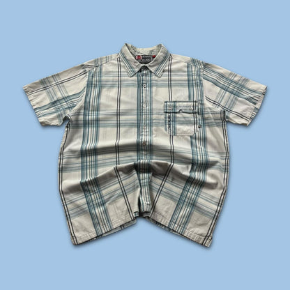 VINTAGE Y2K ANIMAL CHECKERED SHORT SLEEVE SHIRT WHITE BLUE