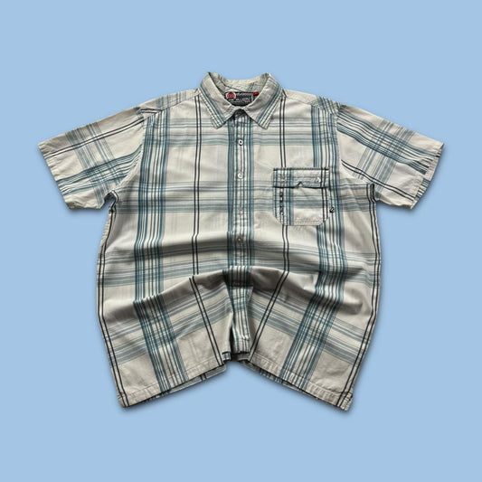 VINTAGE Y2K ANIMAL CHECKERED SHORT SLEEVE SHIRT WHITE BLUE
