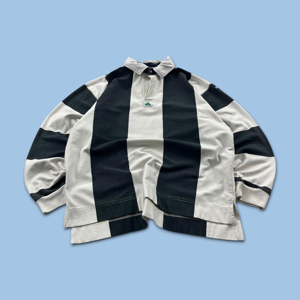 VINTAGE Y2K ADIDAS EQUIPMENT STRIPED LONG SLEEVE RUGBY POLO SHIRT BLACK / WHITE
