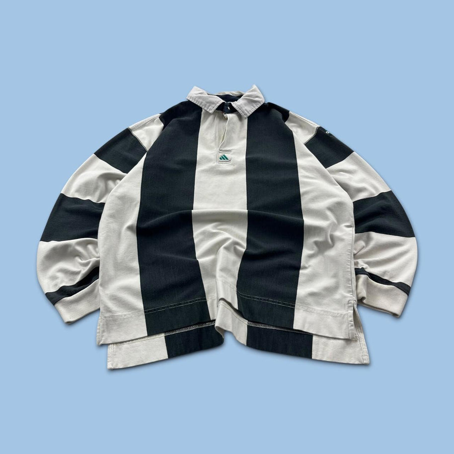 VINTAGE Y2K ADIDAS EQUIPMENT STRIPED LONG SLEEVE RUGBY POLO SHIRT BLACK / WHITE