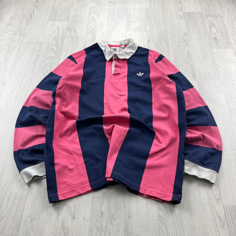 ADIDAS STRIPED LONG SLEEVE RUGBY POLO SHIRT PINK / NAVY