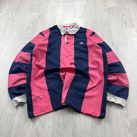 ADIDAS STRIPED LONG SLEEVE RUGBY POLO SHIRT PINK / NAVY