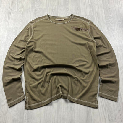 VINTAGE Y2K TEDDY SMITH GRAPHIC LONG SLEEVE SKATER T SHIRT KHAKI