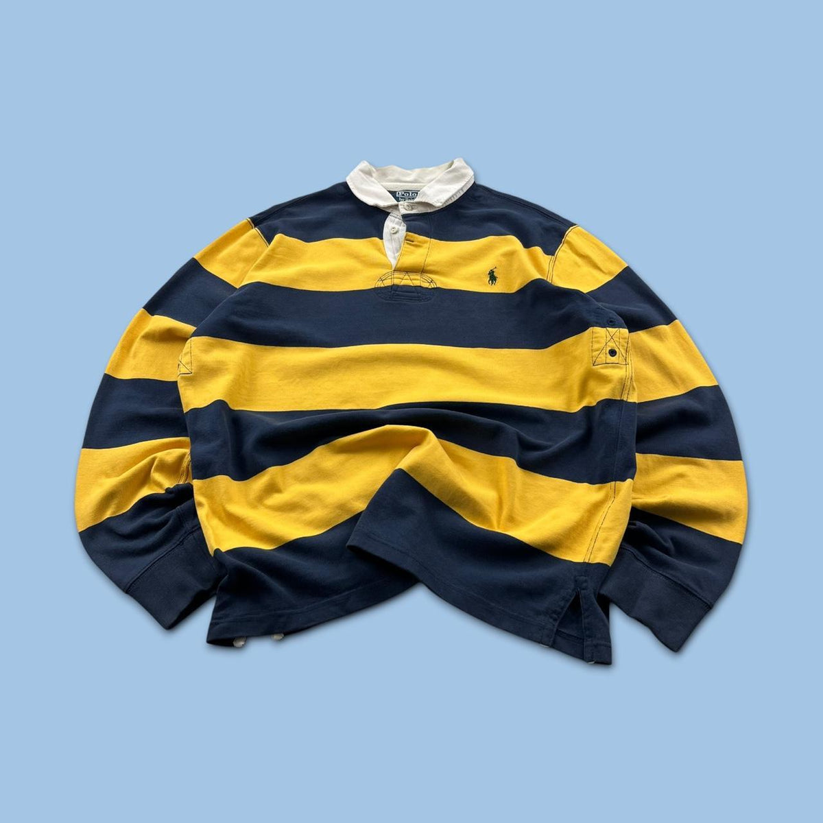 VINTAGE Y2K RALPH LAUREN STRIPED LONG SLEEVE RUGBY POLO SHIRT YELLOW / NAVY