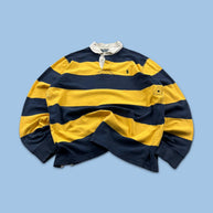 VINTAGE Y2K RALPH LAUREN STRIPED LONG SLEEVE RUGBY POLO SHIRT YELLOW / NAVY