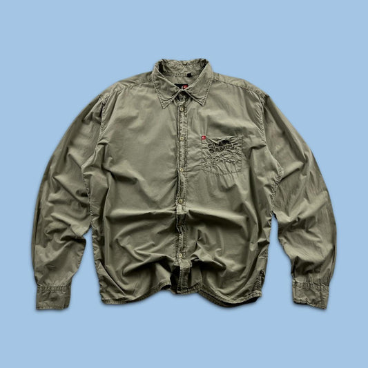 VINTAGE 00s QUIKSILVER LONG SLEEVE UTILITY SURF SHIRT BEIGE/KHAKI