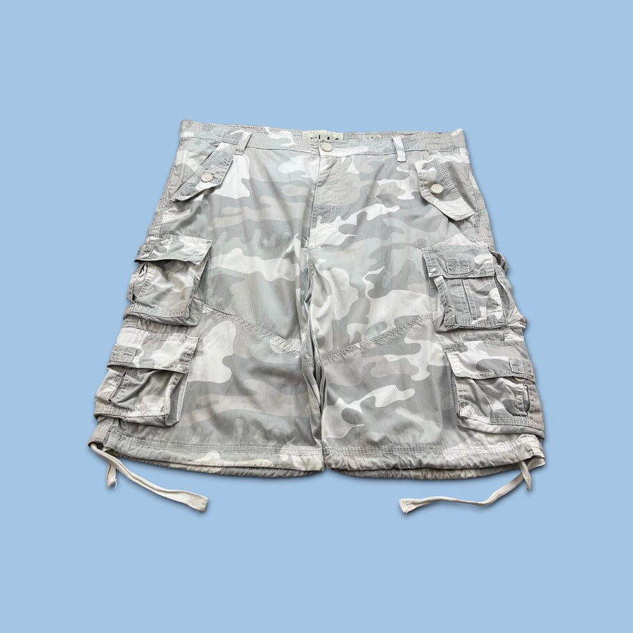 VINTAGE Y2K BAGGY CAMO CARGO SHORTS GREY / WHITE