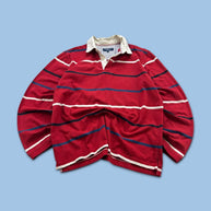 VINTAGE Y2K STRIPED LONG SLEEVE RUGBY POLO SHIRT RED