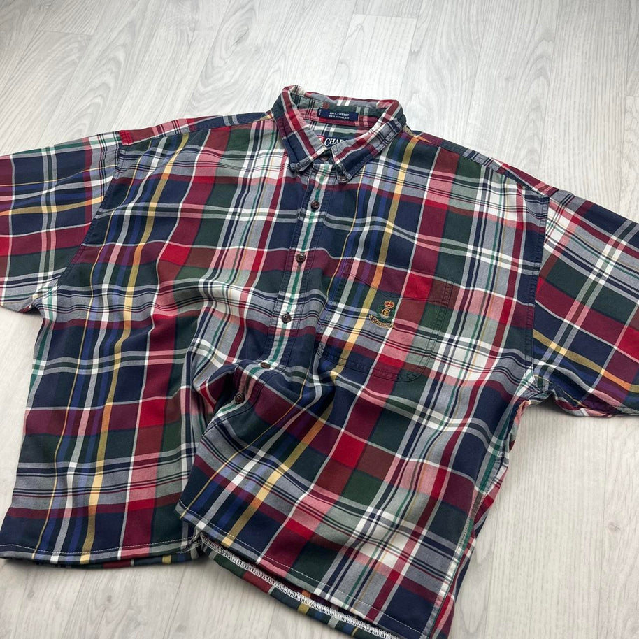 VINTAGE 00s CHAPS CHECKERED CROPPED SHORT SLEEVE BUTTON UP SHIRT RED / MULTI