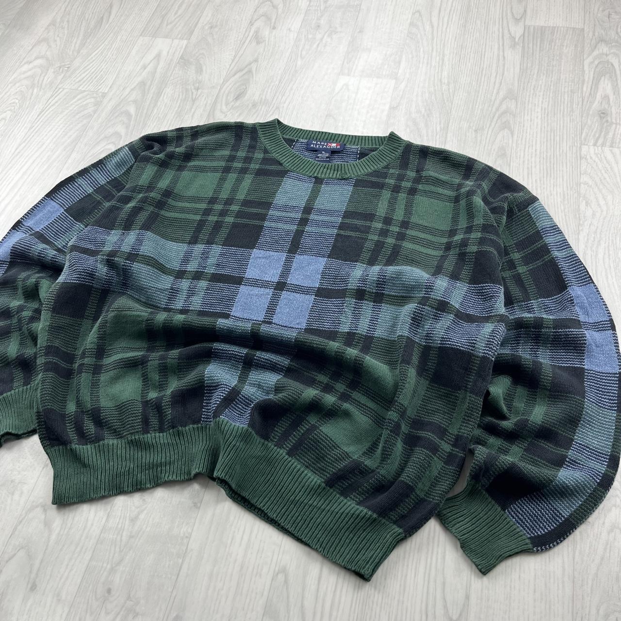 VINTAGE 90s CHECKERED PATTERN KNITTED JUMPER GREEN / BLUE