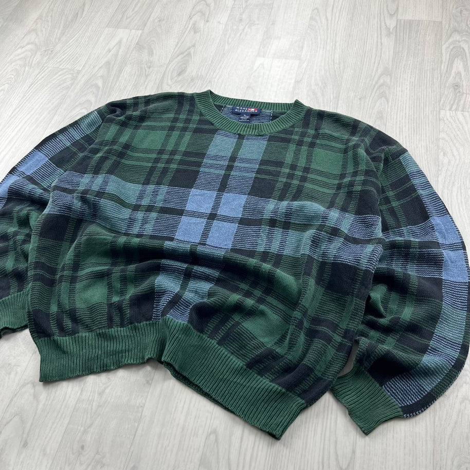 VINTAGE 90s CHECKERED PATTERN KNITTED JUMPER GREEN / BLUE