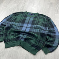 VINTAGE 90s CHECKERED PATTERN KNITTED JUMPER GREEN / BLUE