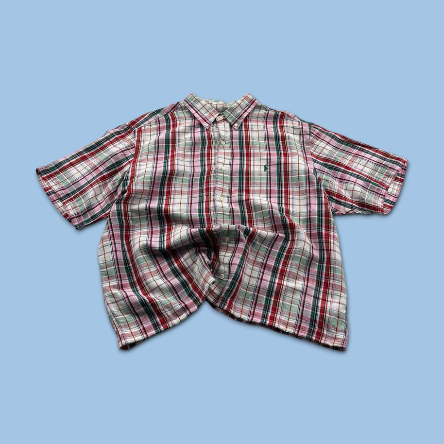 VINTAGE 00s RALPH LAUREN CHECKERED CROPPED SHORT SLEEVE BUTTON UP SHIRT RED