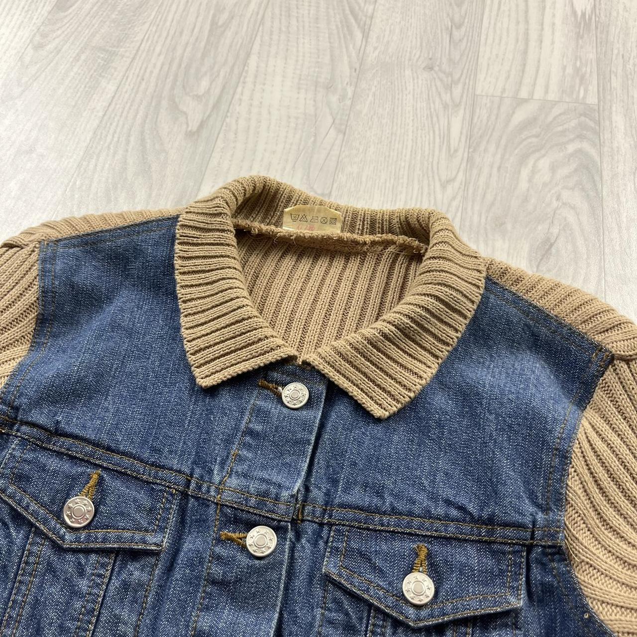 VINTAGE Y2K DENIM RIBBED SLEEVE JACKET BLUE BEIGE (L)