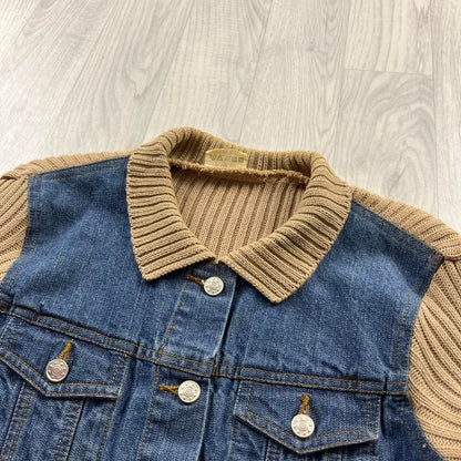 VINTAGE Y2K DENIM RIBBED SLEEVE JACKET BLUE BEIGE (L)