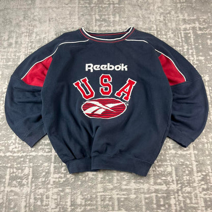 VINTAGE 90s REEBOK USA BIG LOGO BOXY SPORTY SWEATSHIRT NAVY
