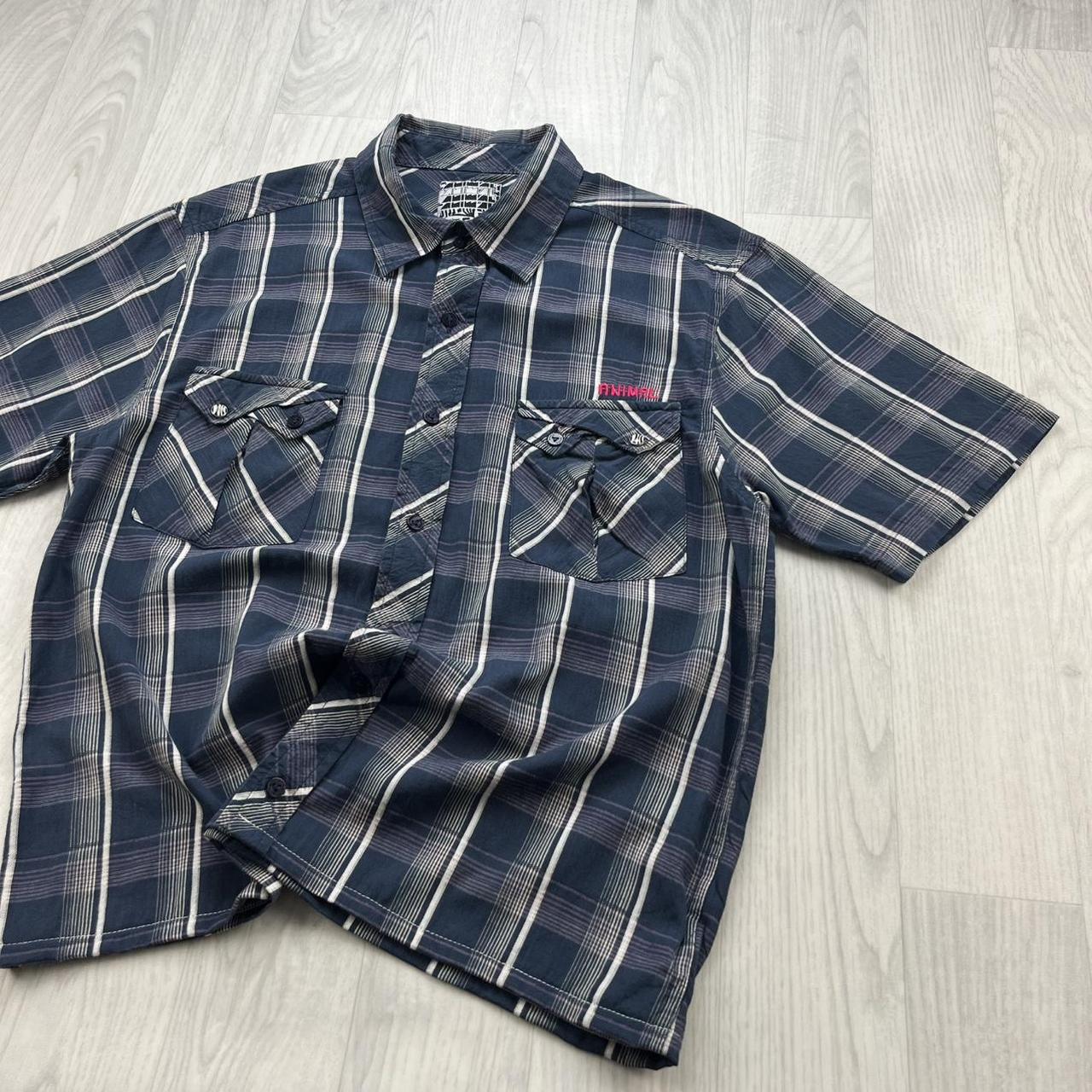 VINTAGE 00s ANIMAL CHECKERED CROPPED SHORT SLEEVE BUTTON UP SHIRT NAVY