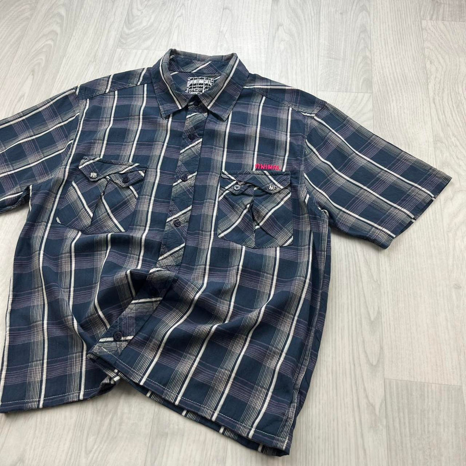 VINTAGE 00s ANIMAL CHECKERED CROPPED SHORT SLEEVE BUTTON UP SHIRT NAVY