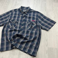 VINTAGE 00s ANIMAL CHECKERED CROPPED SHORT SLEEVE BUTTON UP SHIRT NAVY