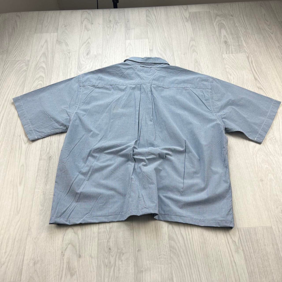 VINTAGE 00s TOMMY HILFIGER CHECKERED CROPPED SHORT SLEEVE BUTTON UP SHIRT BLUE