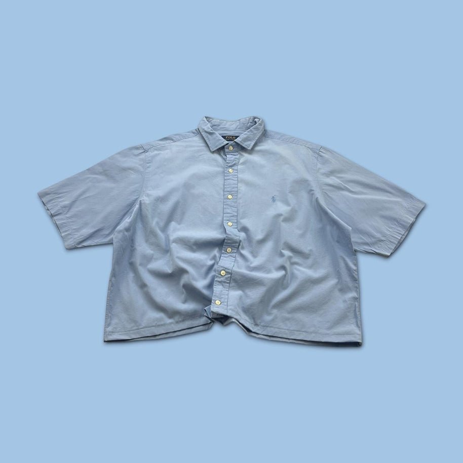 VINTAGE 00s RALPH LAUREN PLAIN CROPPED SHORT SLEEVE BUTTON UP SHIRT BLUE