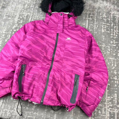 VINTAGE Y2K TRESSPASS CAMO FLUFFY HOOD SKI JACKET PINK