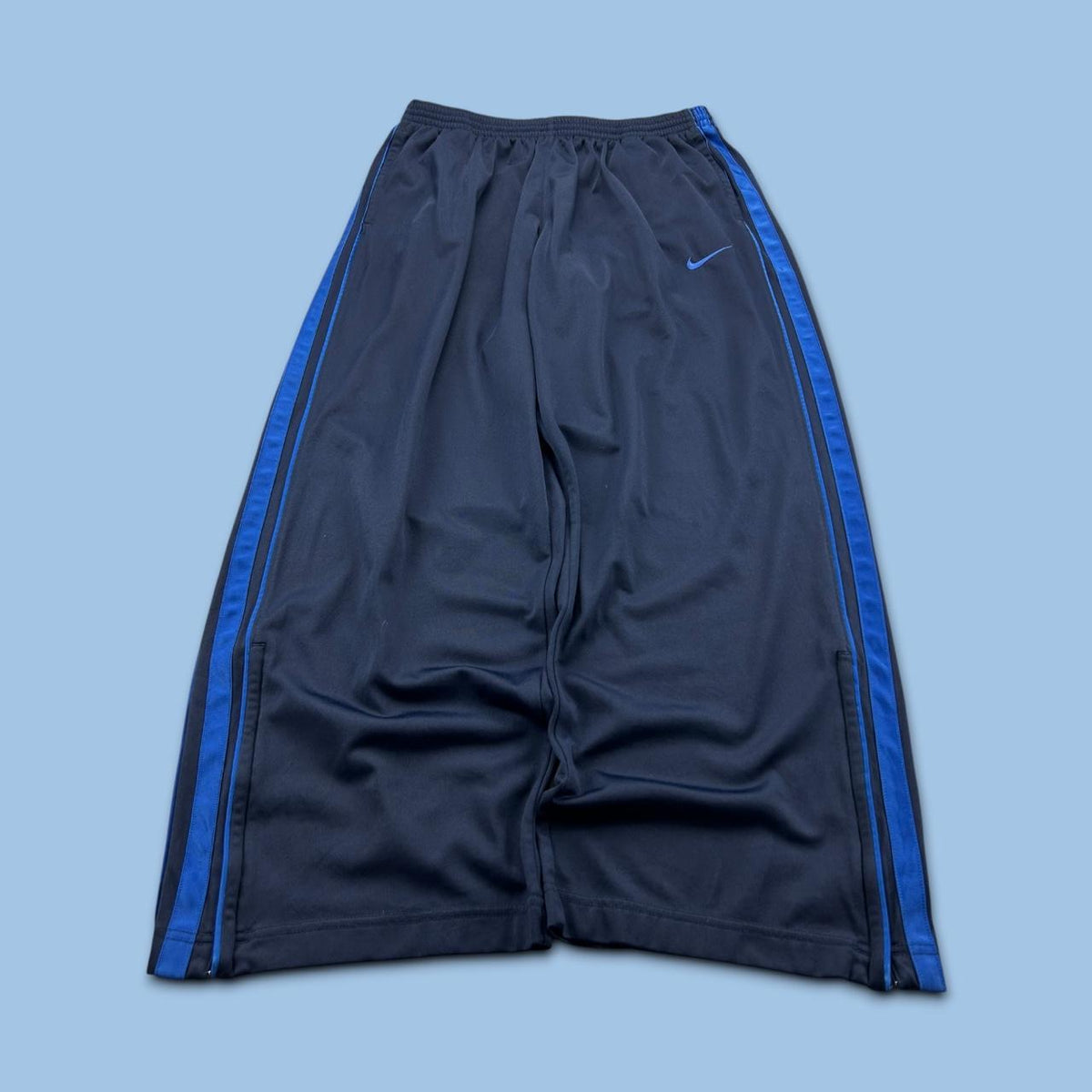VINTAGE Y2K NIKE WIDE LEG SIDE STRIPE TRACKSUIT BOTTOMS NAVY / BLUE