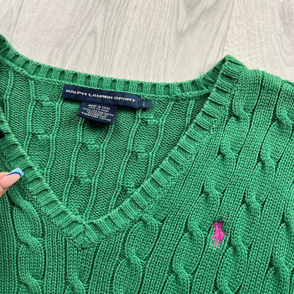 VINTAGE Y2K RALPH LAUREN SPORT CHUNKY CABLE KNITTED JUMPER GREEN