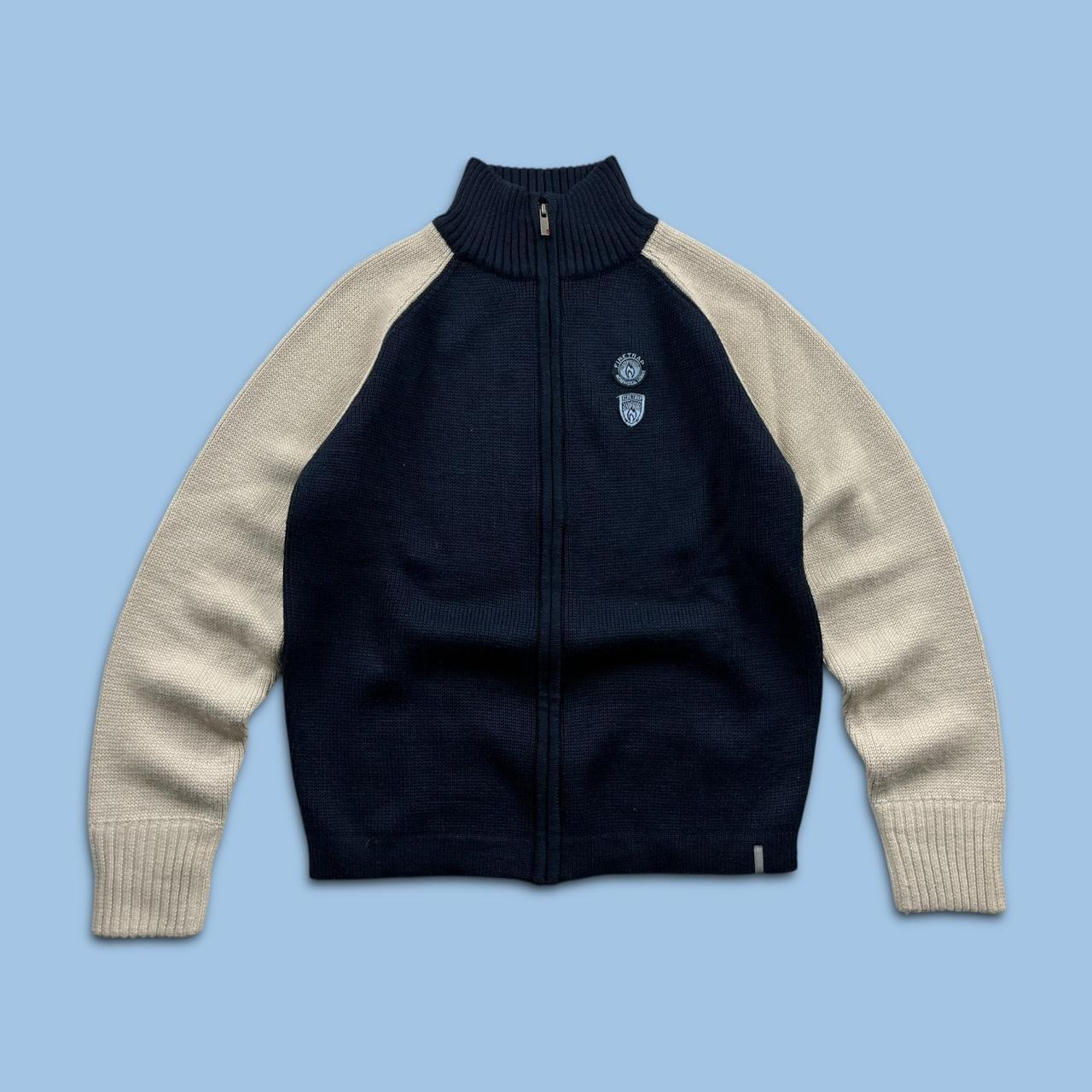 VINTAGE Y2K FIRETRAP CHUNKY ZIP KNITTED JUMPER NAVY CREAM