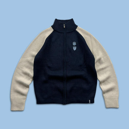 VINTAGE Y2K FIRETRAP CHUNKY ZIP KNITTED JUMPER NAVY CREAM