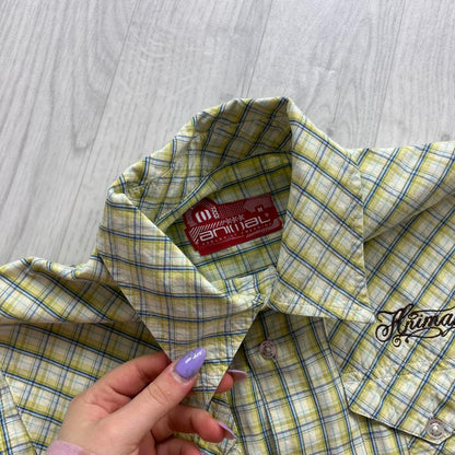 VINTAGE Y2K ANIMAL CHECKERED SHORT SLEEVE SHIRT YELLOW