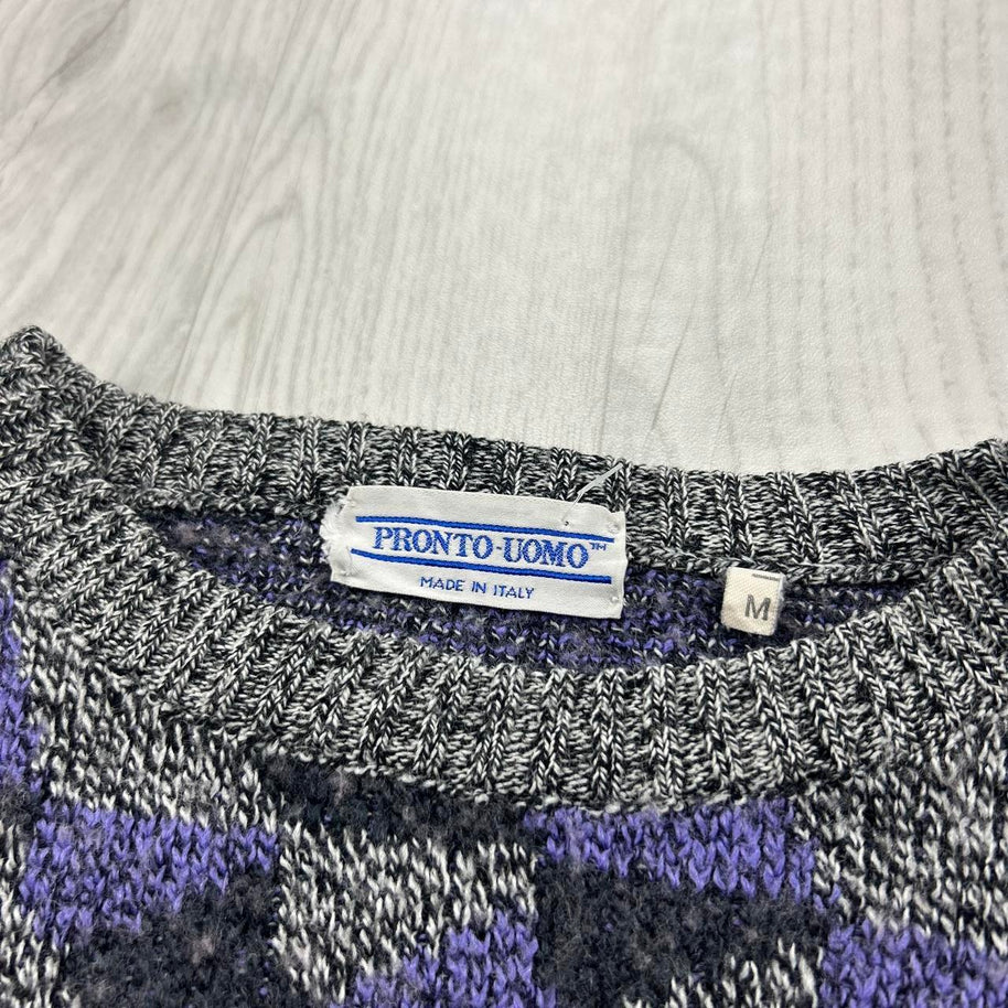 VINTAGE 90s PRONTO UOMO PATTERN KNITTED JUMPER GREY / LILAC