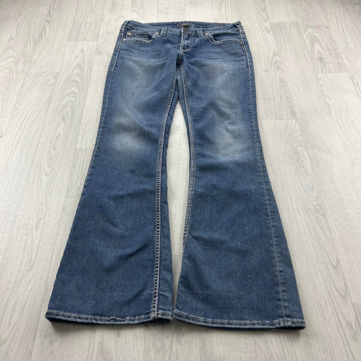 VINTAGE Y2K SILVER LOW RISE BOOTCUT FLARED JEANS BLUE