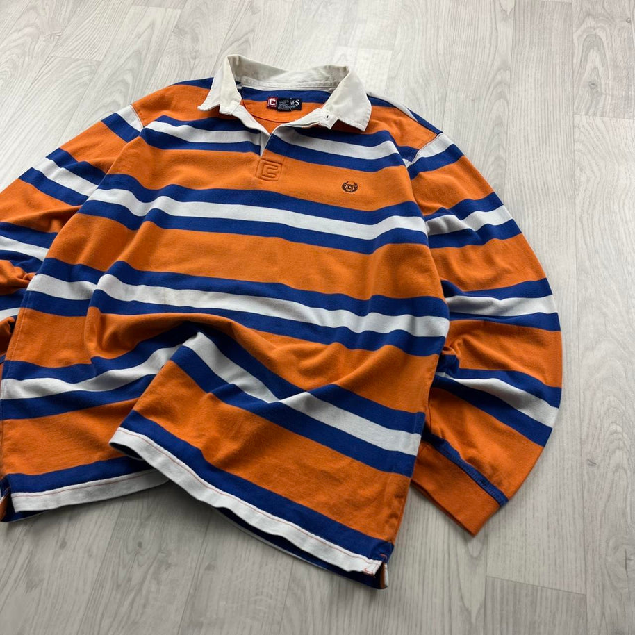 VINTAGE Y2K CHAPS STRIPED LONG SLEEVE RUGBY POLO SHIRT ORANGE