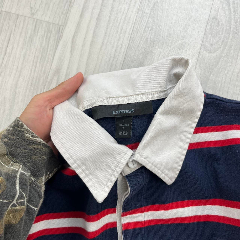 VINTAGE Y2K EXPRESS STRIPED LONG SLEEVE RUGBY POLO SHIRT NAVY