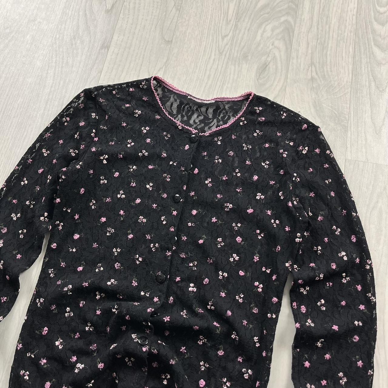 VINTAGE Y2K MESH FLORAL BUTTON CARDIGAN BLACK PINK
