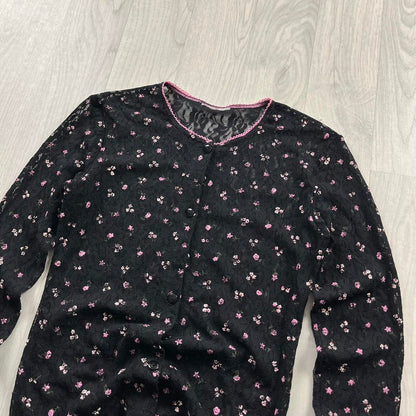 VINTAGE Y2K MESH FLORAL BUTTON CARDIGAN BLACK PINK
