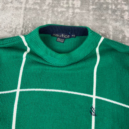 VINTAGE Y2K NAUTICA CHECKERED KNITTED JUMPER GREEN