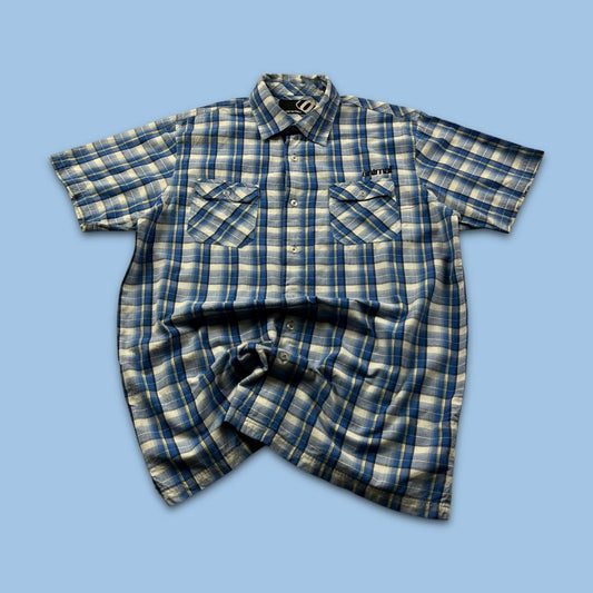 VINTAGE Y2K ANIMAL CHECKERED SHORT SLEEVE SHIRT BLUE