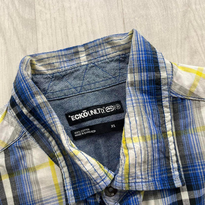 VINTAGE Y2K ECKO UNLTD PLAID SHORT SLEEVE BUTTON UP SHIRT BLUE / YELLOW