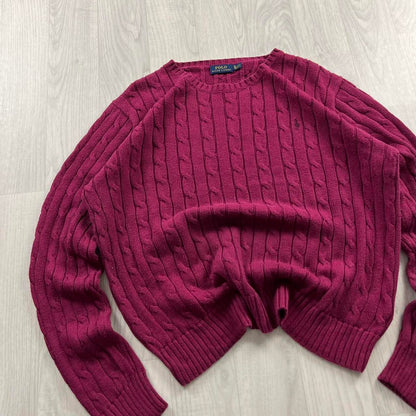 VINTAGE Y2K POLO RALPH LAUREN CHUNKY CABLE KNITTED JUMPER BURGUNDY