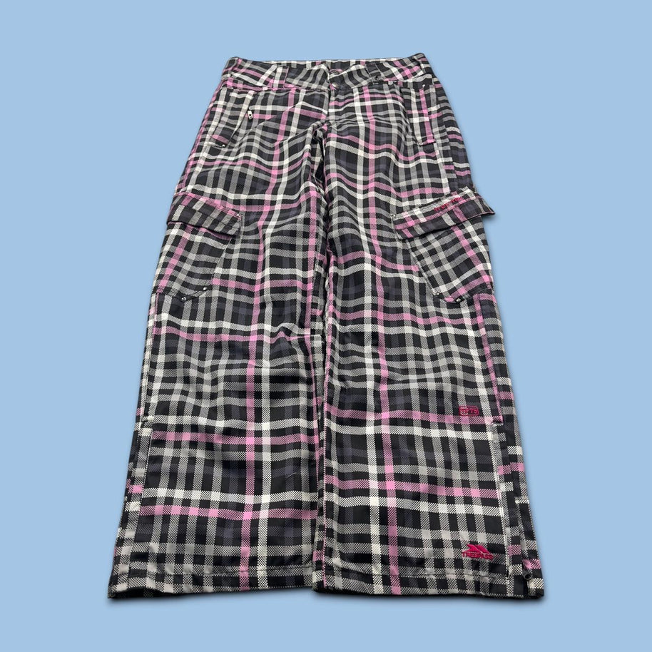 VINTAGE Y2K TRESPASS BAGGY PLAID SKI PANTS SALOPETTES GREY / PINK