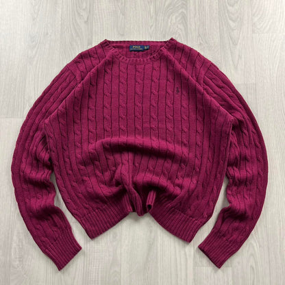 VINTAGE Y2K POLO RALPH LAUREN CHUNKY CABLE KNITTED JUMPER BURGUNDY