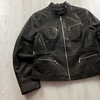 VINTAGE Y2K YESSICA UTILITY LEATHER JACKET BLACK (S)