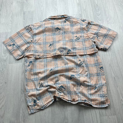 VINTAGE Y2K COLUMBIA GRAPHIC BUTTON UP SHORT SLEEVE SHIRT ORANGE