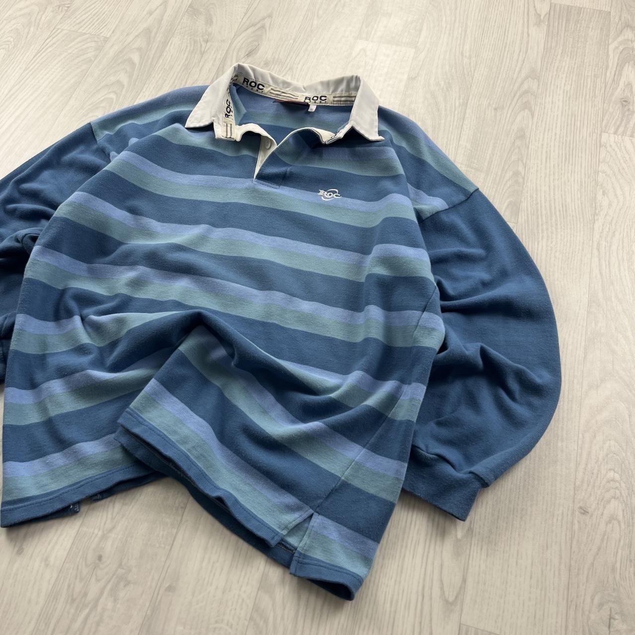 VINTAGE Y2K ROC STRIPED LONG SLEEVE RUGBY POLO SHIRT BLUE